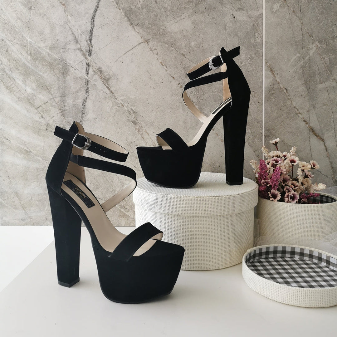 Black Suede Single Strap Platforms - Tajna Club