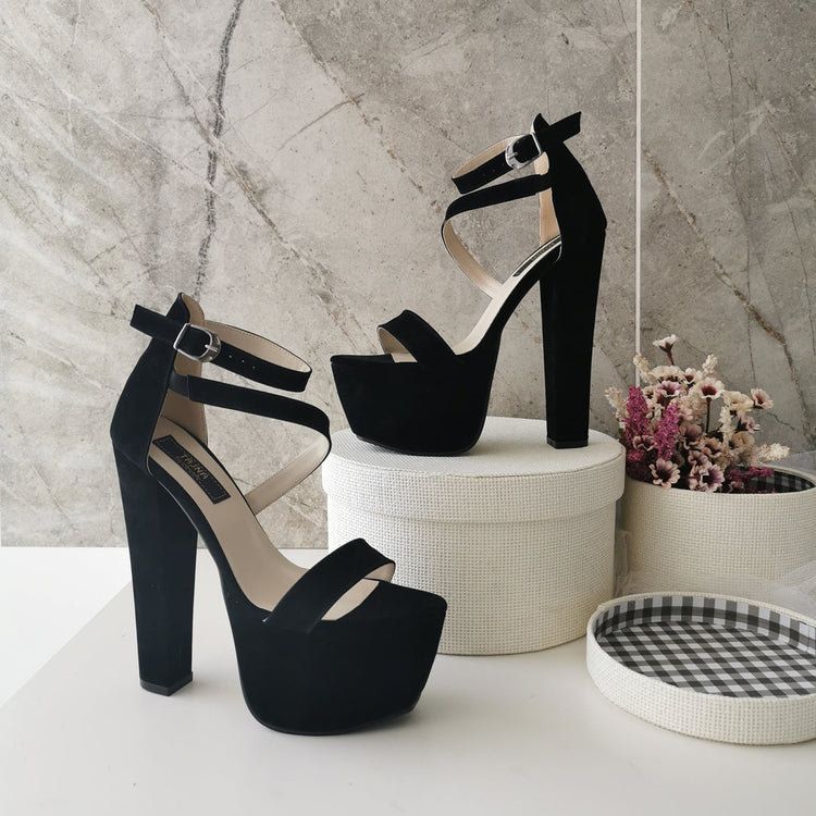 Black Suede Single Strap Platforms - Tajna Club