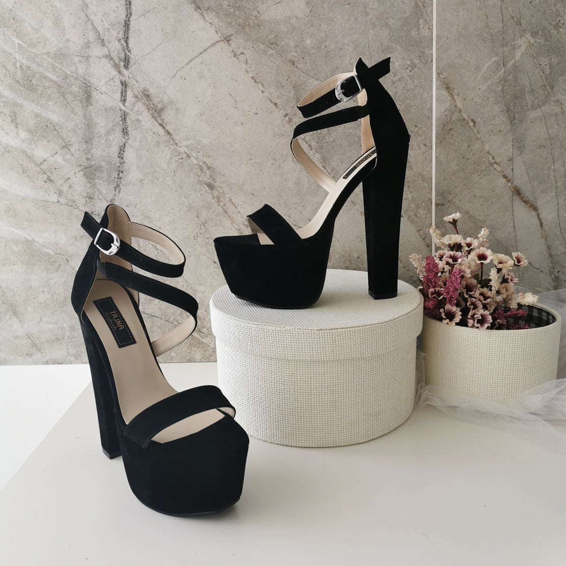 Black Suede Single Strap Platforms - Tajna Club