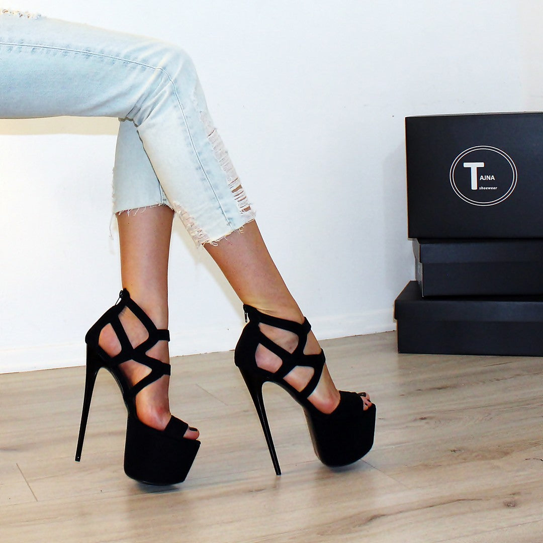Black Suede Cage Ankle Platform Shoes - Tajna Club