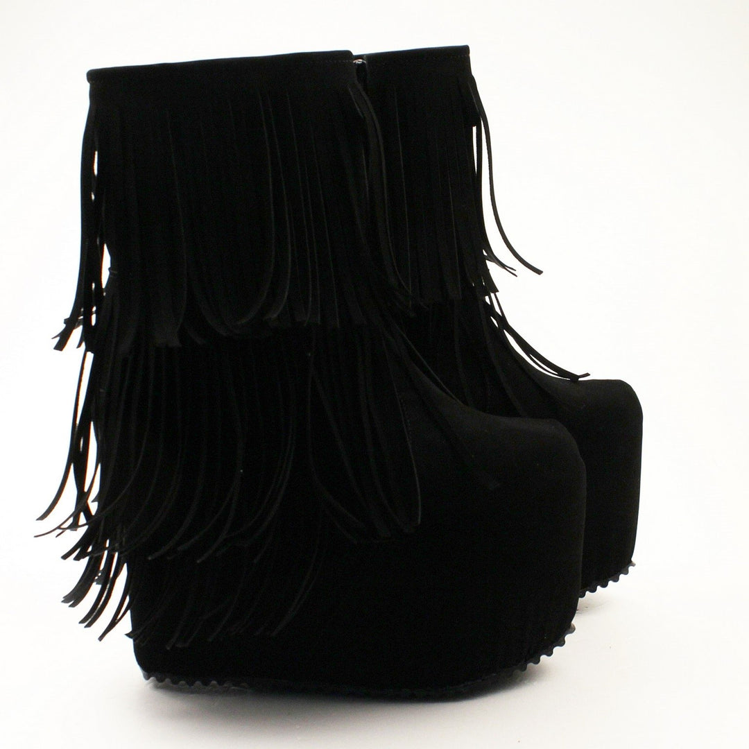 Black Fringe Wedge Platform Boots - Tajna Club