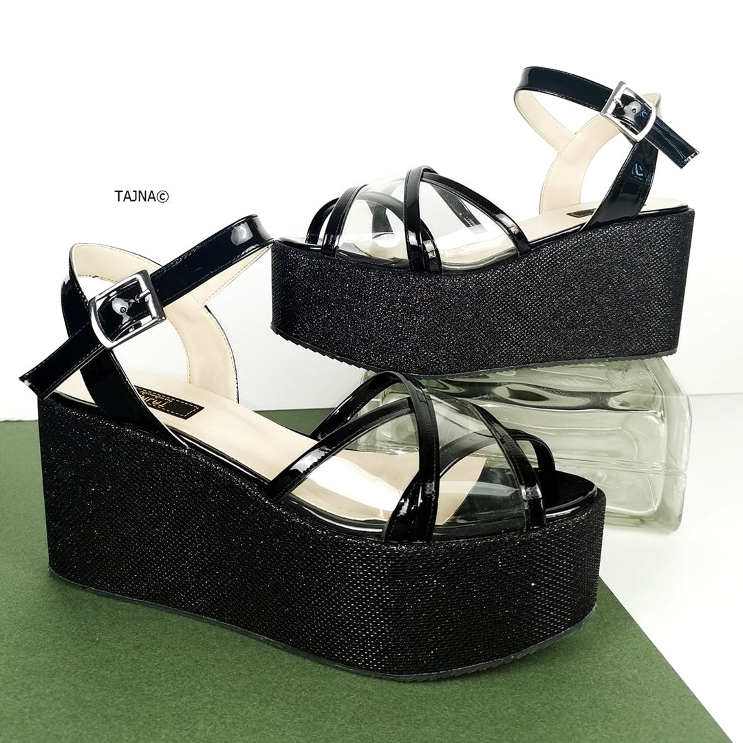 Black Shiny Transparent Strap Wedge Sandals - Tajna Club