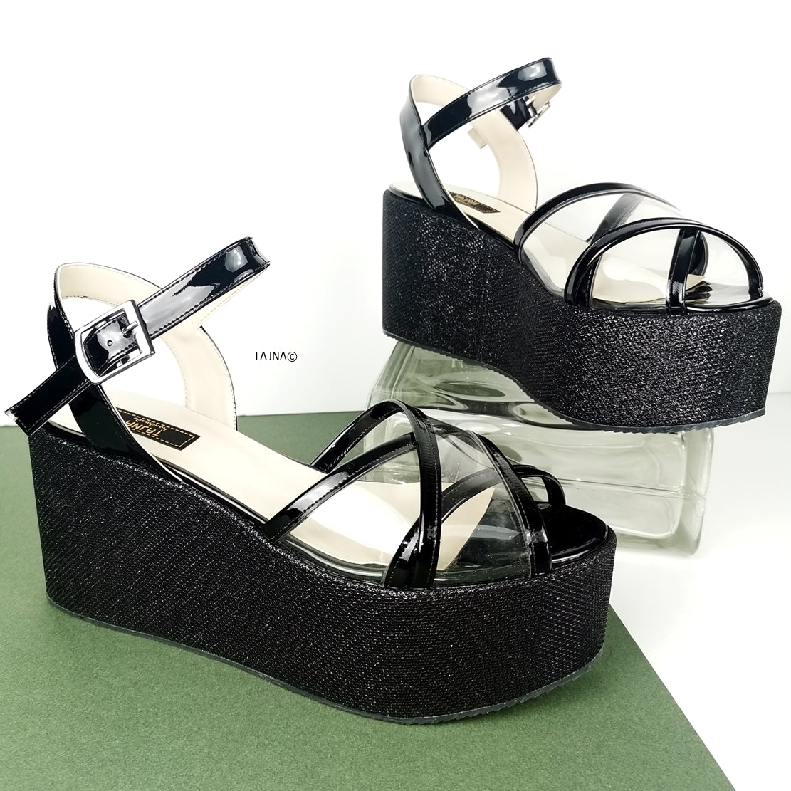 Black Shiny Transparent Strap Wedge Sandals - Tajna Club
