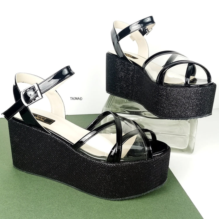 Black Shiny Transparent Strap Wedge Sandals - Tajna Club