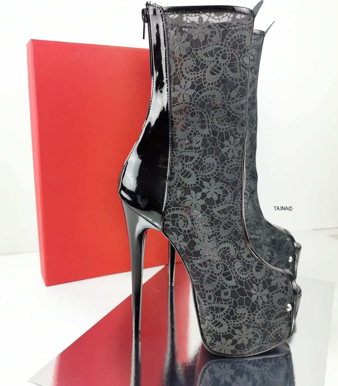 Black Lace Mid-Calf Heeled Boots - Tajna Club