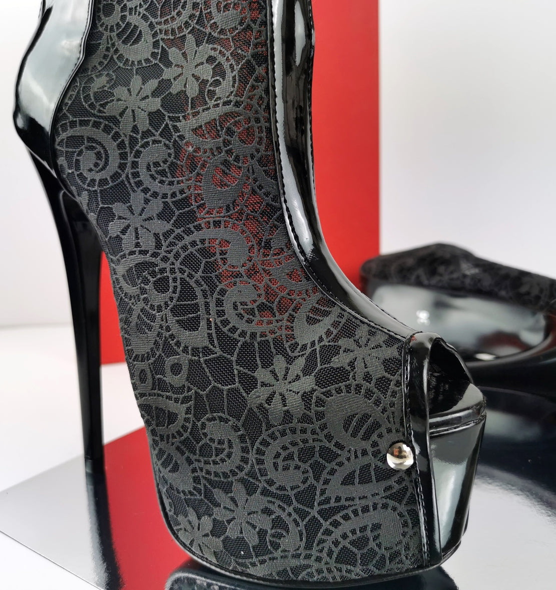 Black Lace Mid-Calf Heeled Boots - Tajna Club
