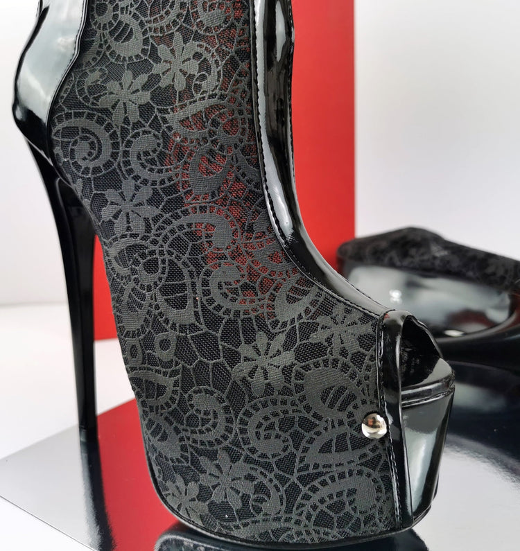 Black Lace Mid-Calf Heeled Boots - Tajna Club
