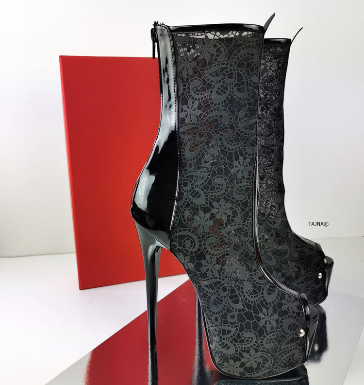Black Lace Mid-Calf Heeled Boots - Tajna Club