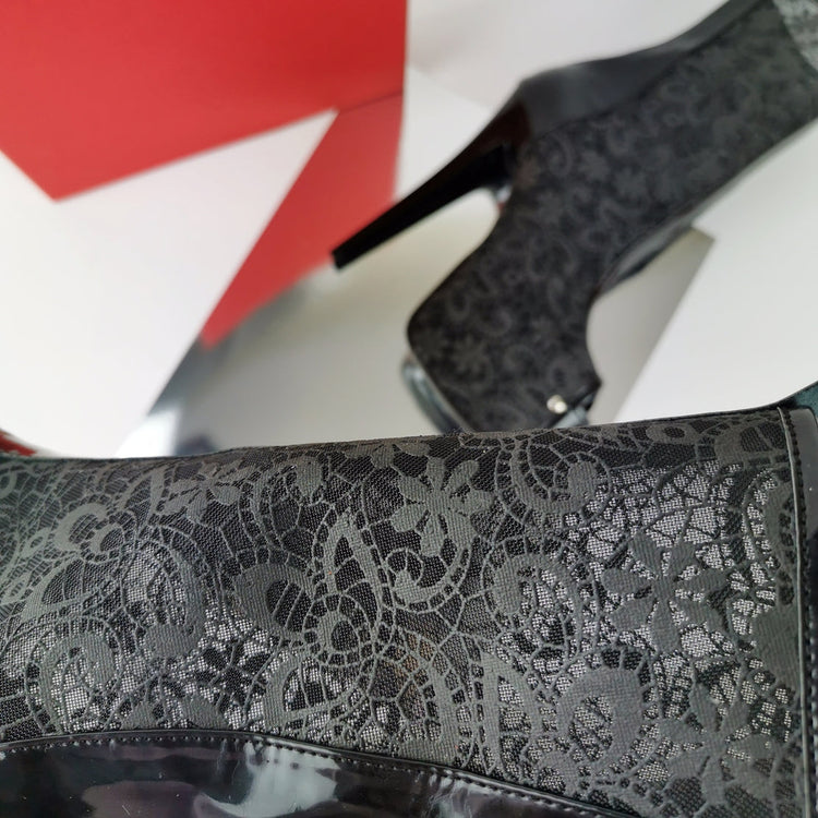 Black Lace Mid-Calf Heeled Boots - Tajna Club