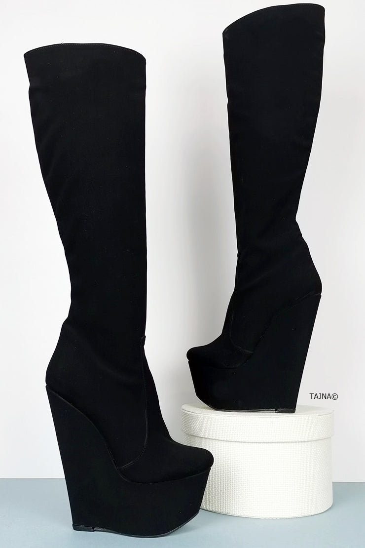 Black Mid-Calf Wedge Boots - Tajna Club