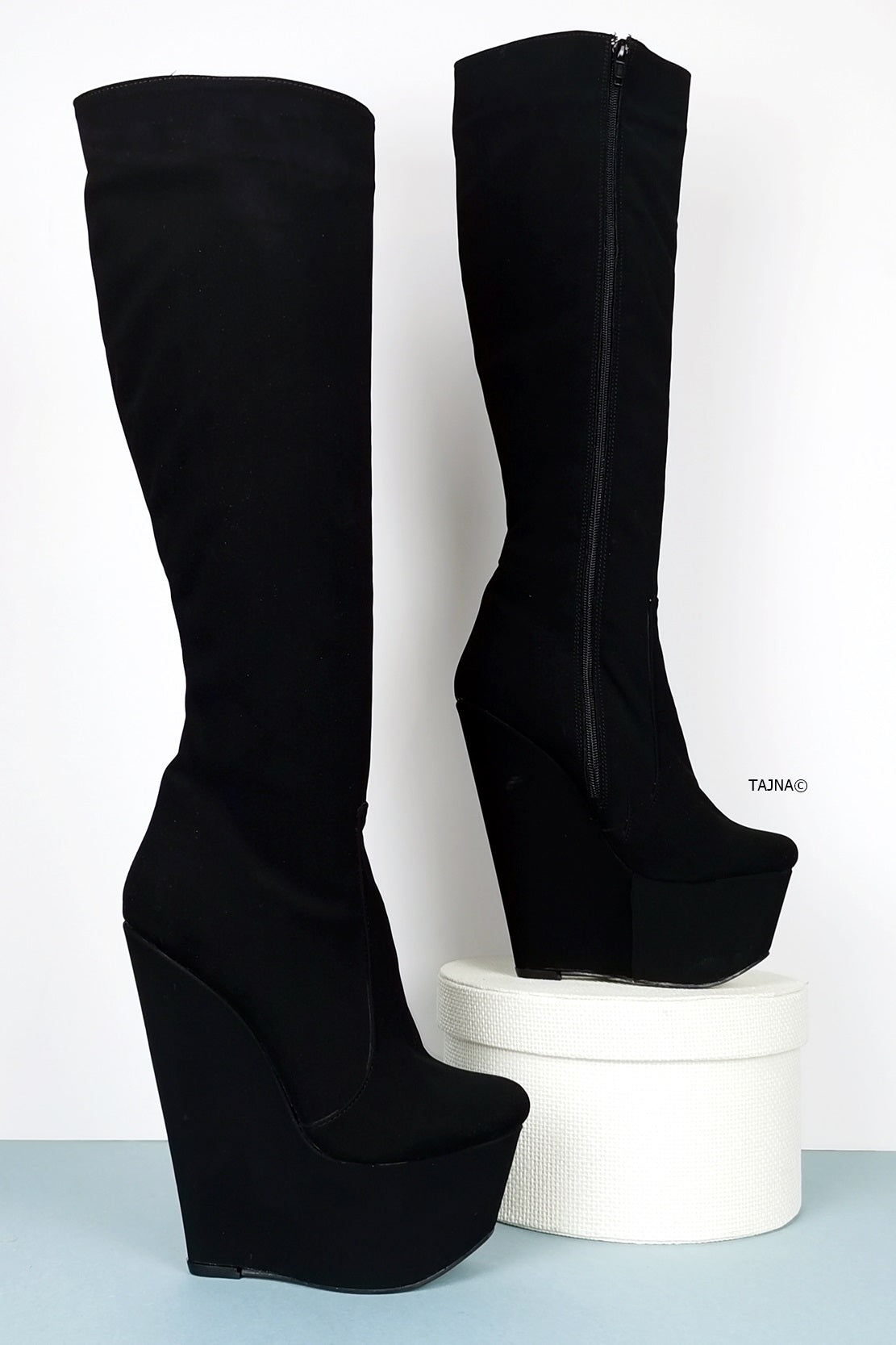 Black Mid-Calf Wedge Boots - Tajna Club