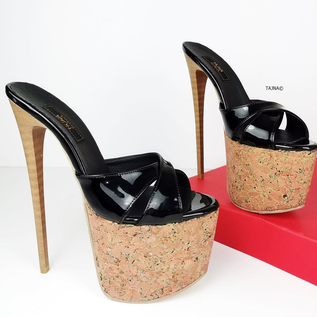 Black Patent Cross Strap Cork Mules - Tajna Club