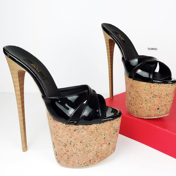 Black Patent Cross Strap Cork Mules - Tajna Club