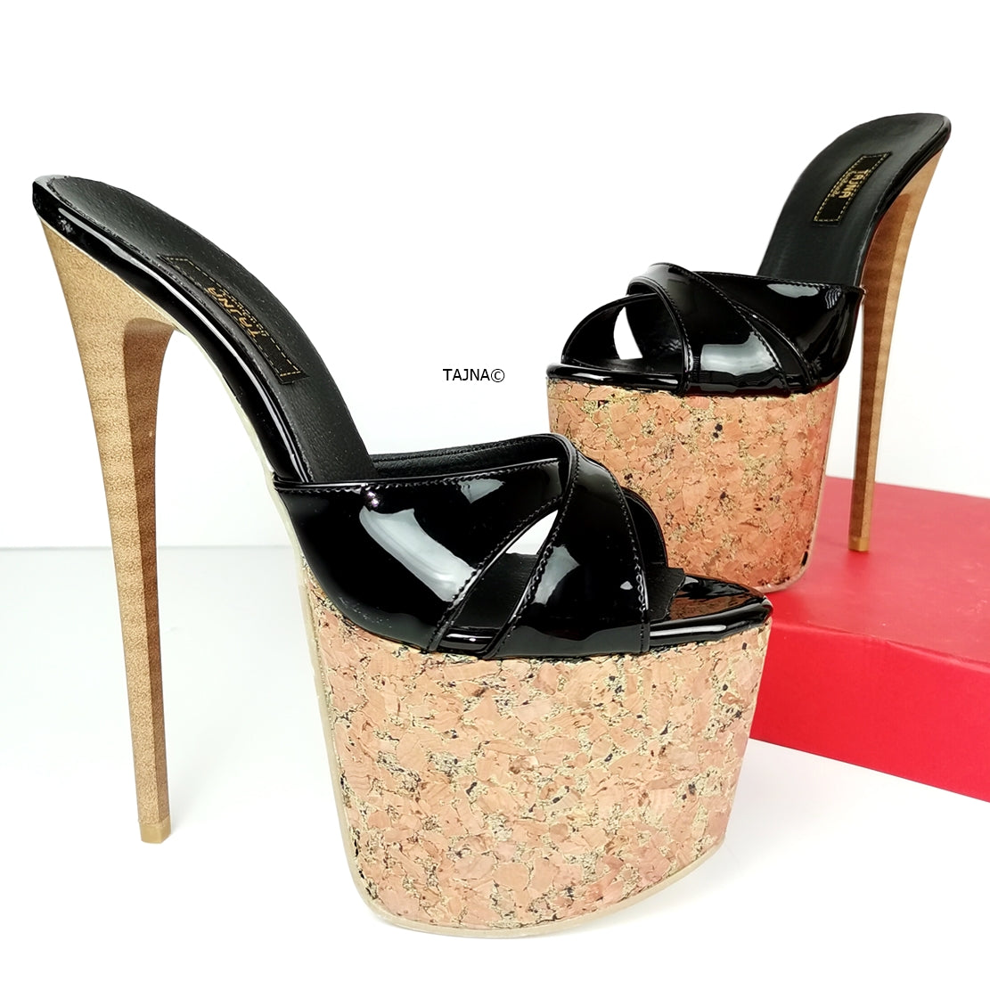 Black Patent Cross Strap Cork Mules - Tajna Club