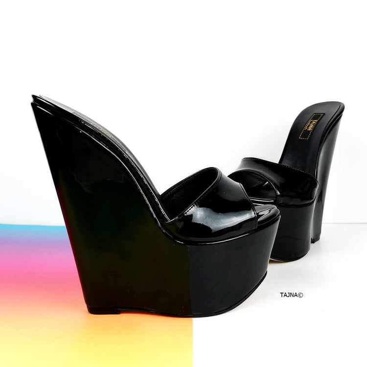 Black Patent Peep Toe Wedge Mules - Tajna Club