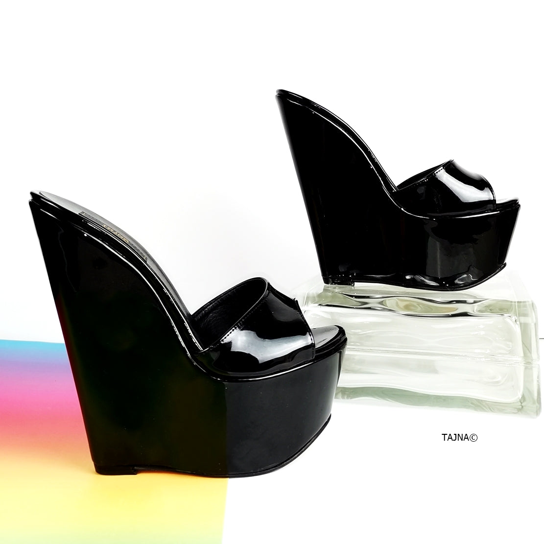Black Patent Peep Toe Wedge Mules - Tajna Club