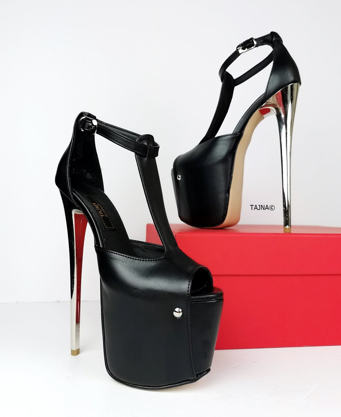 T-Strap High Heel Metallic Heels - Tajna Club