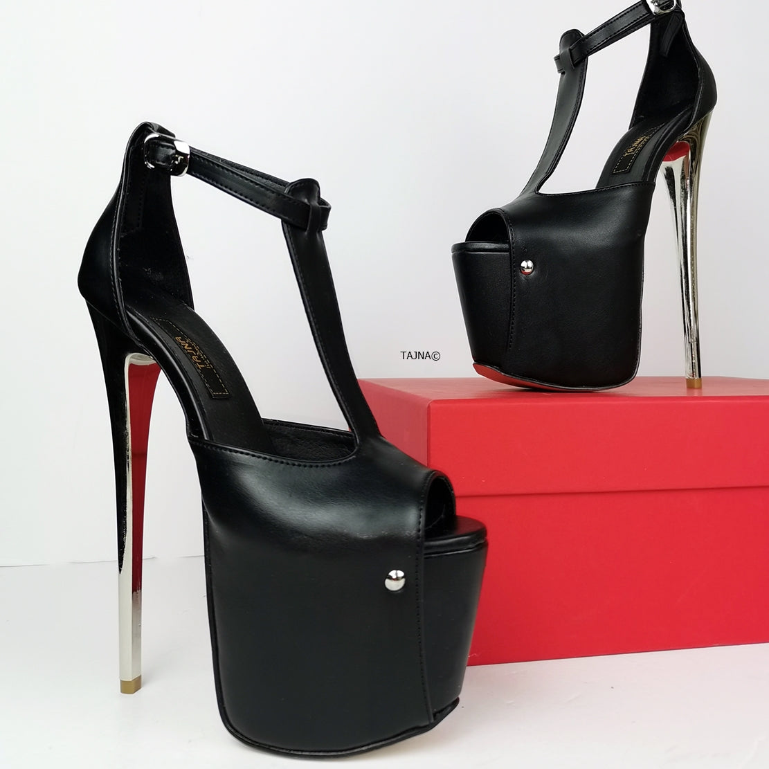 T-Strap High Heel Metallic Heels - Tajna Club