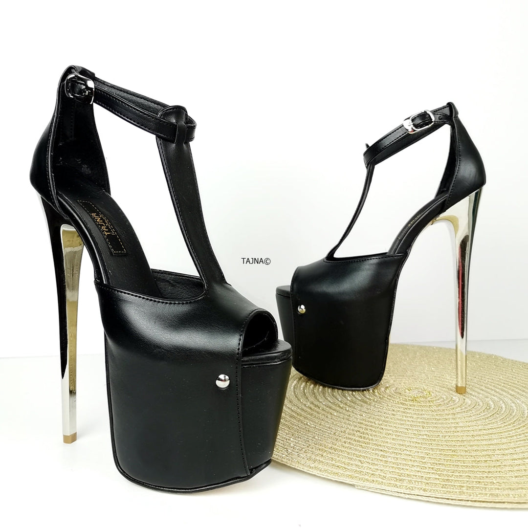 T-Strap High Heel Metallic Heels - Tajna Club