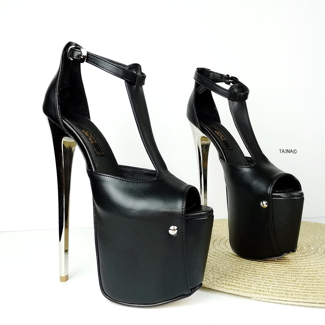 T-Strap High Heel Metallic Heels - Tajna Club