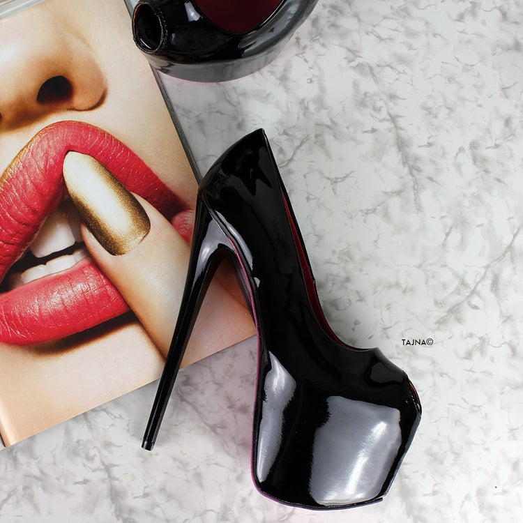 Black Gloss Fishmouth High Heel Pumps - Tajna Club