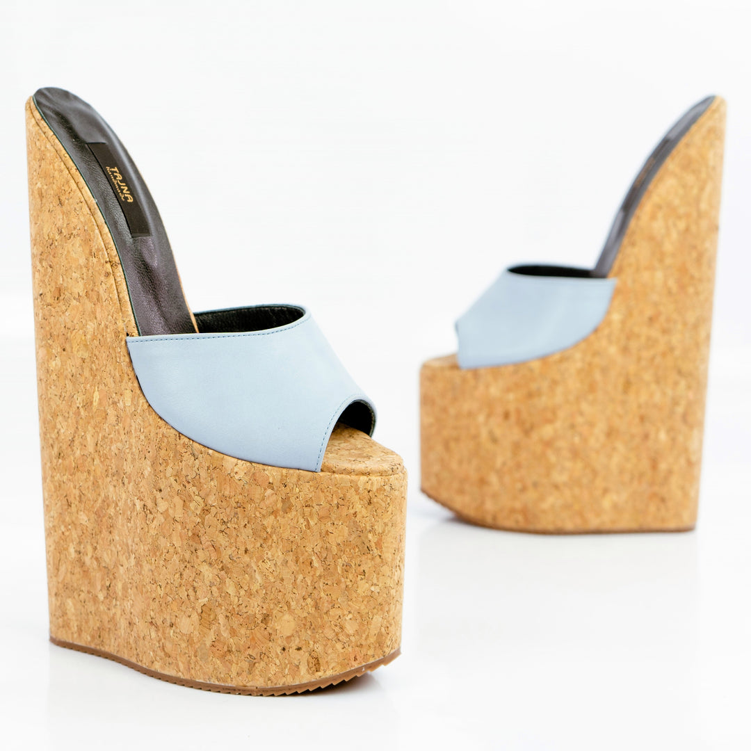 Soft Blue Cork Extreme High Heel Mules - Tajna Club