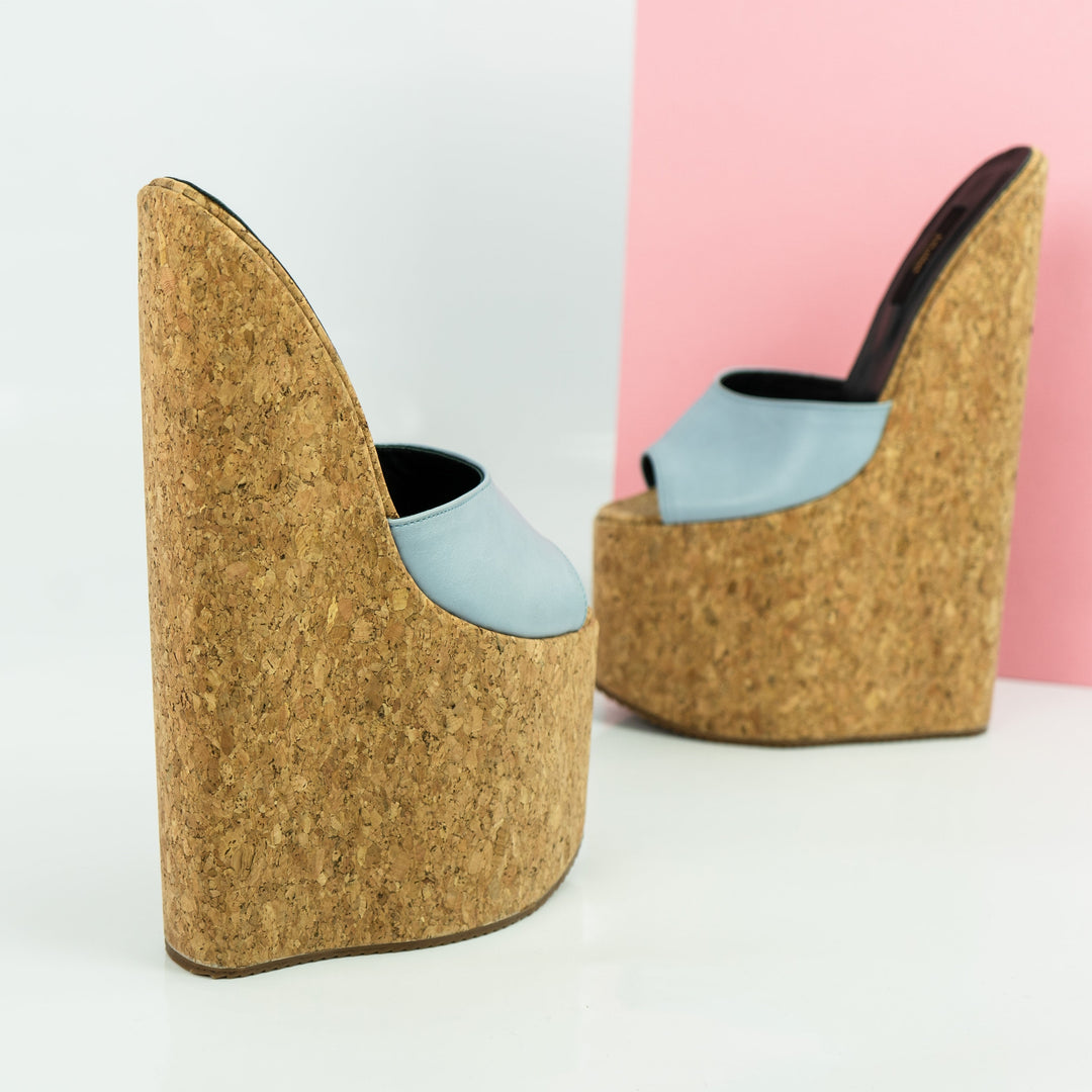 Soft Blue Cork Extreme High Heel Mules - Tajna Club