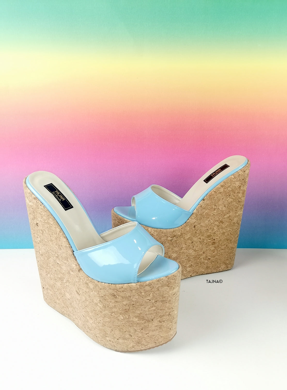 Blue Patent Cork Wedge Mules - Tajna Club