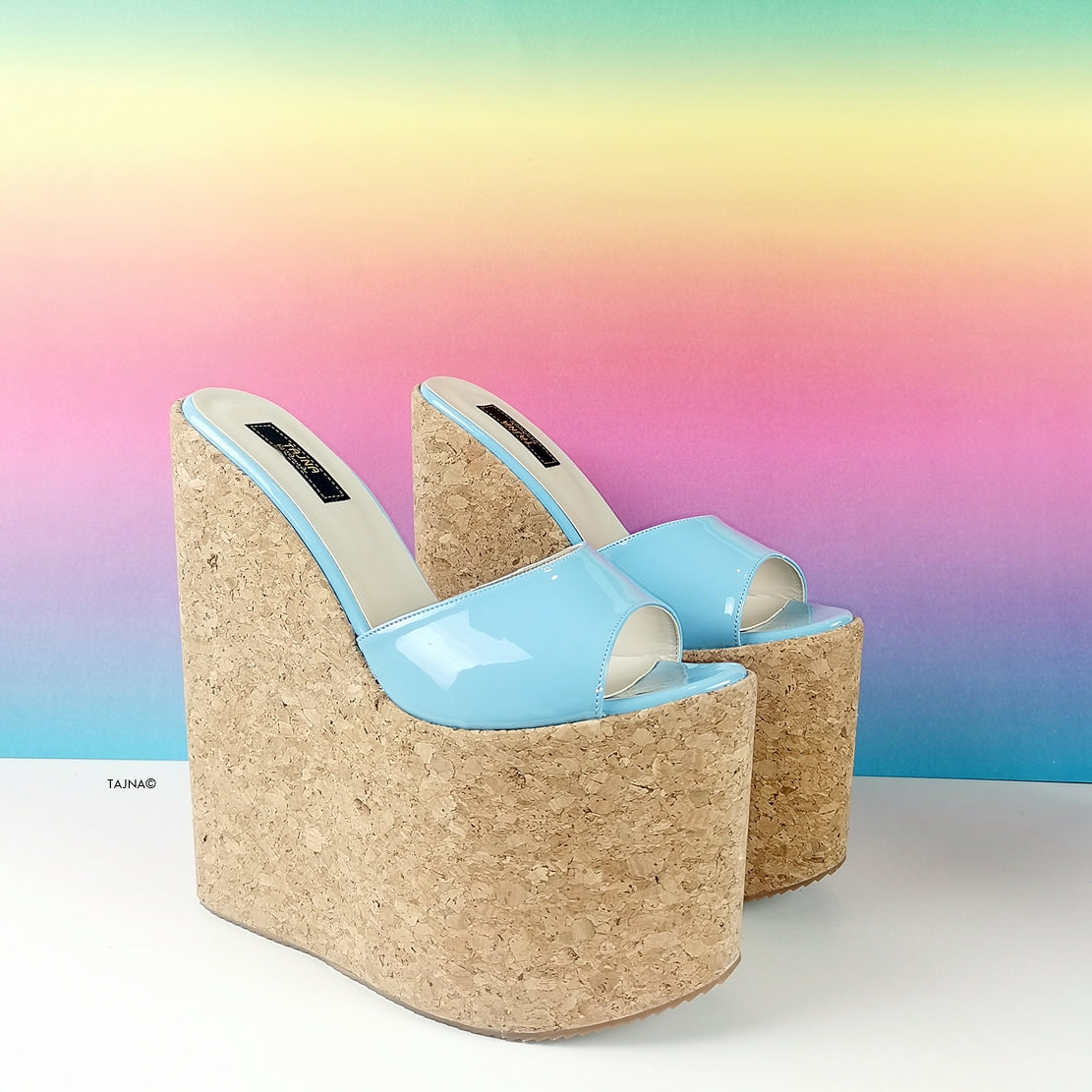 Blue Patent Cork Wedge Mules - Tajna Club