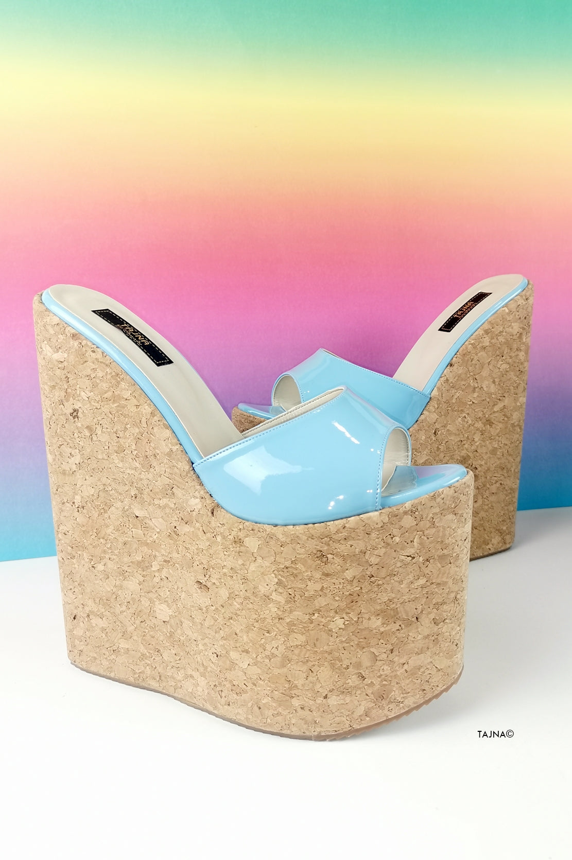 Blue Patent Cork Wedge Mules - Tajna Club