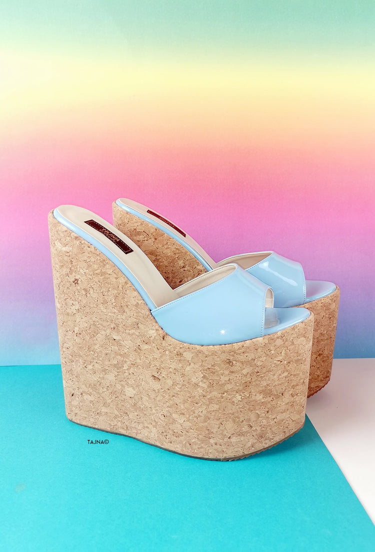 Blue Patent Cork Wedge Mules - Tajna Club