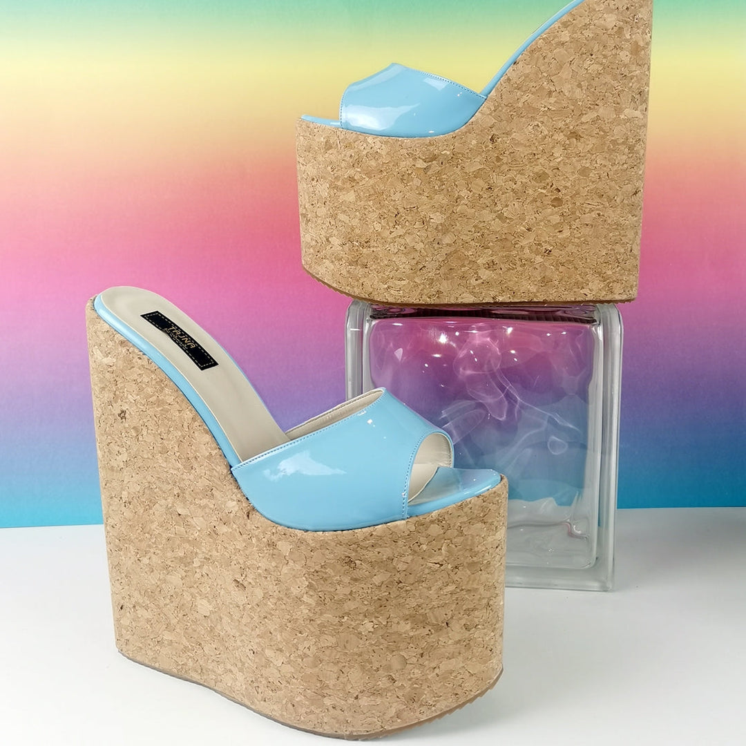 Blue Patent Cork Wedge Mules - Tajna Club
