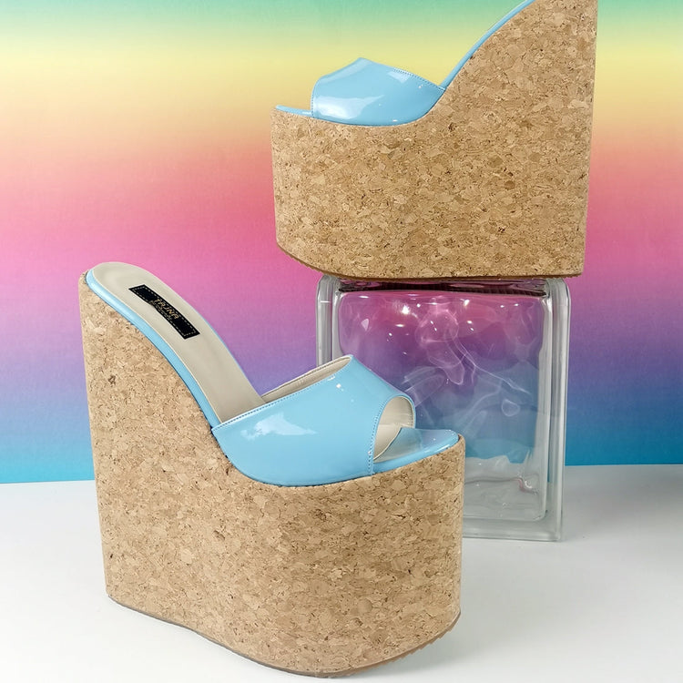 Blue Patent Cork Wedge Mules - Tajna Club