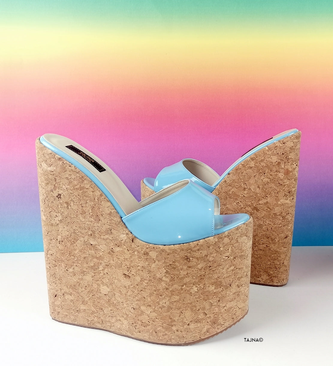 Blue Patent Cork Wedge Mules - Tajna Club