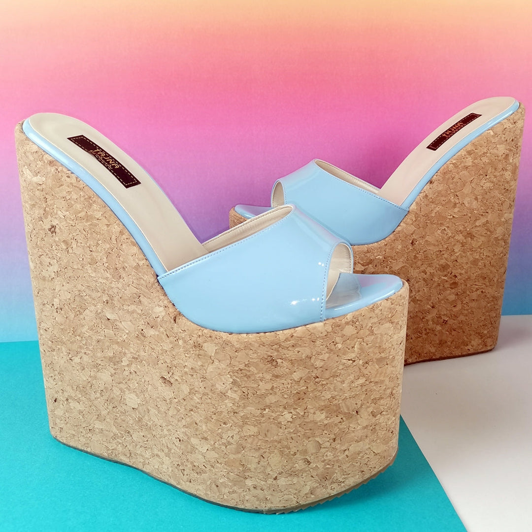 Blue Patent Cork Wedge Mules - Tajna Club