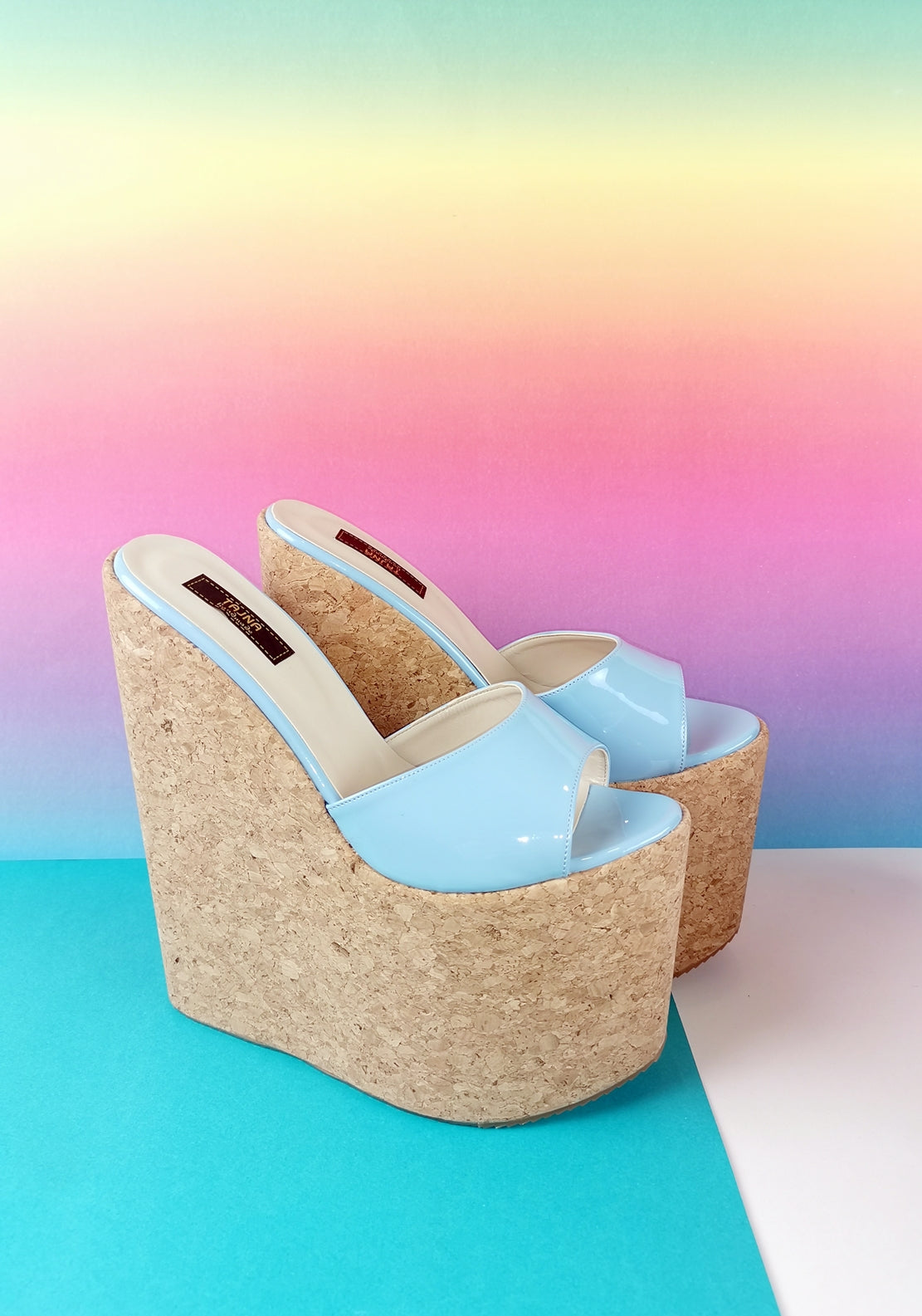 Blue Patent Cork Wedge Mules - Tajna Club