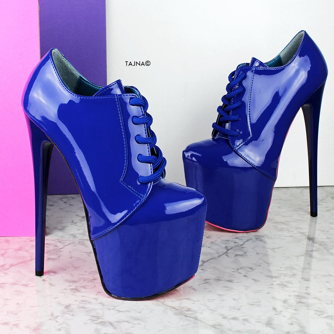 Blue Gloss Oxford Ankle High Heels - Tajna Club