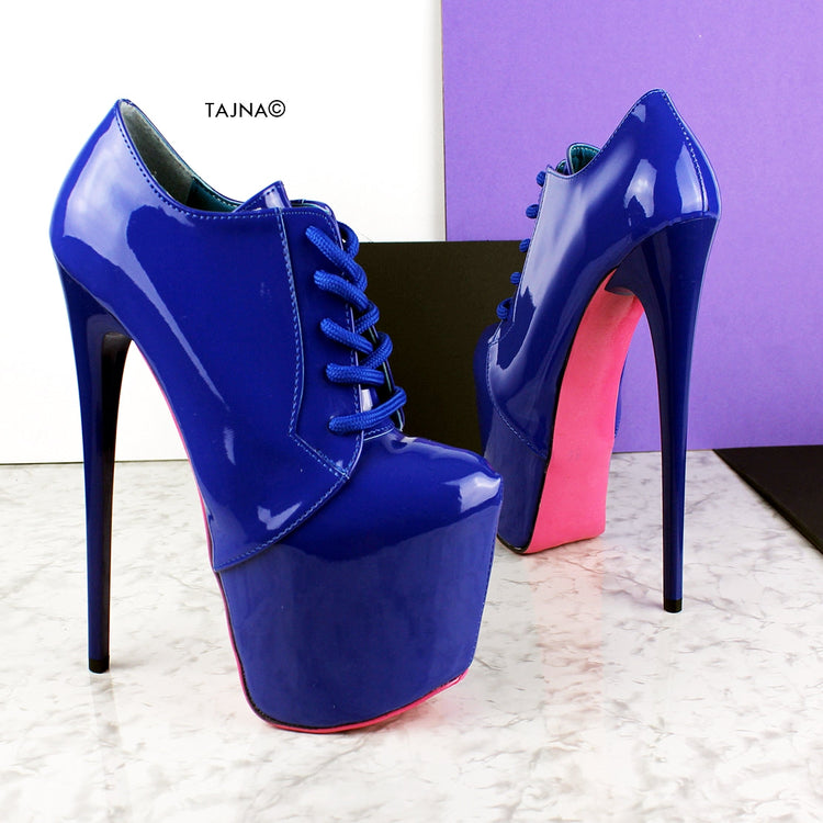 Blue Gloss Oxford Ankle High Heels - Tajna Club