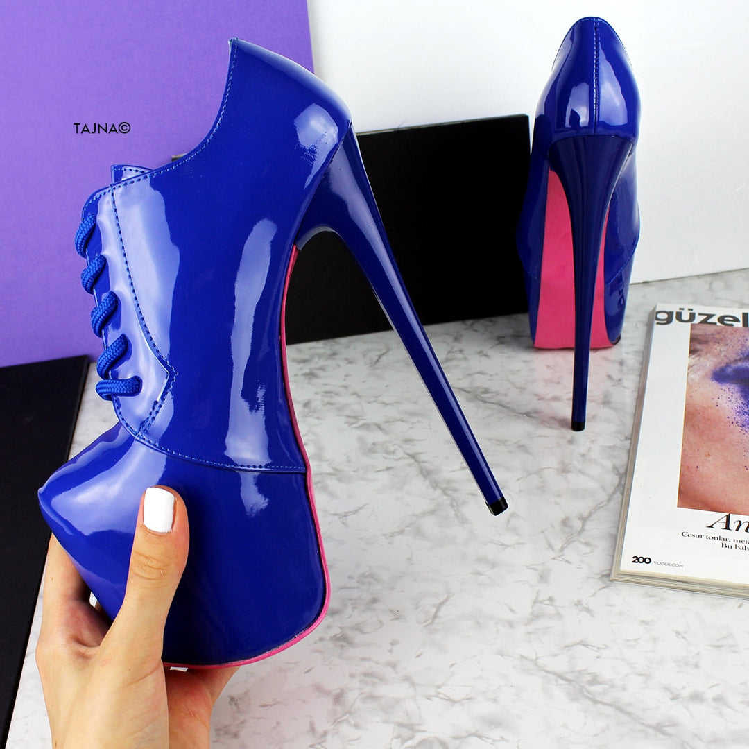 Blue Gloss Oxford Ankle High Heels - Tajna Club