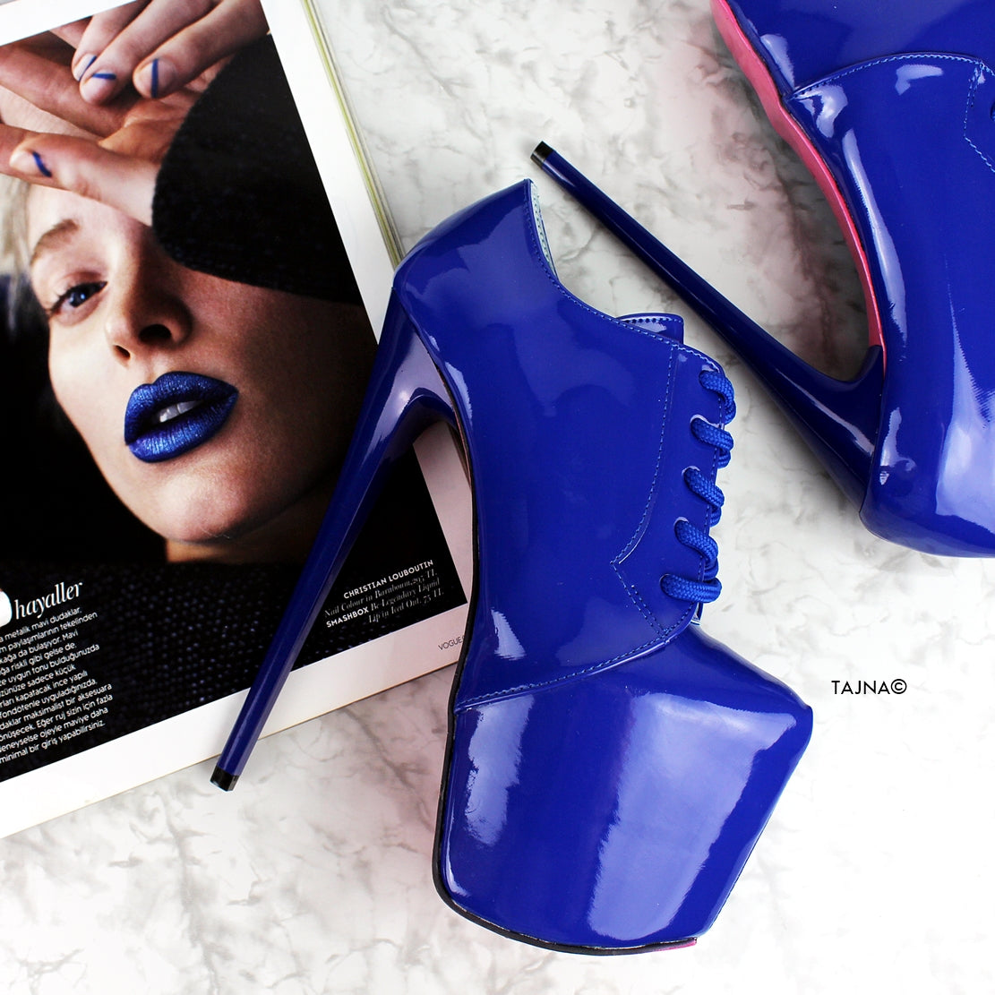 Blue Gloss Oxford Ankle High Heels - Tajna Club