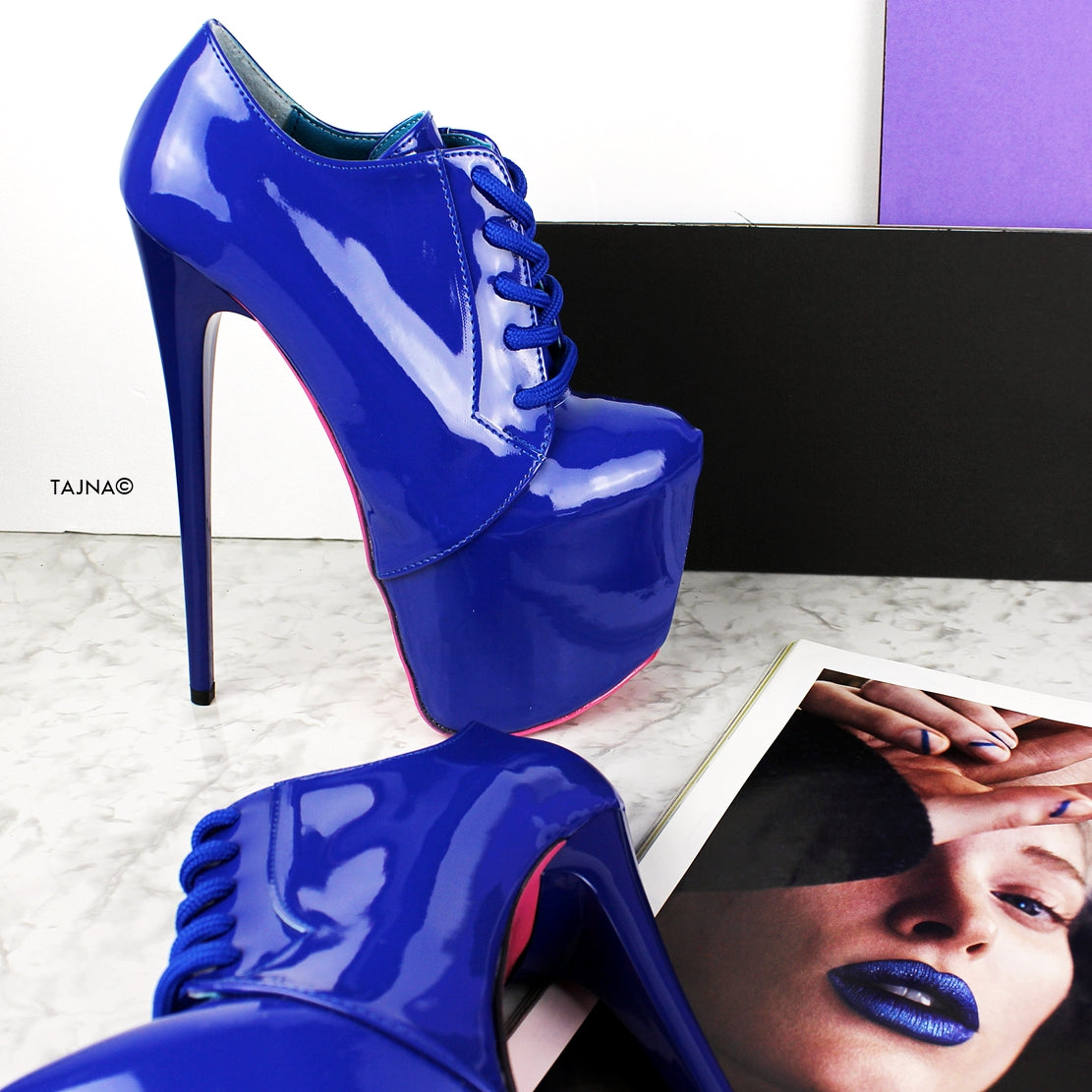 Blue Gloss Oxford Ankle High Heels - Tajna Club