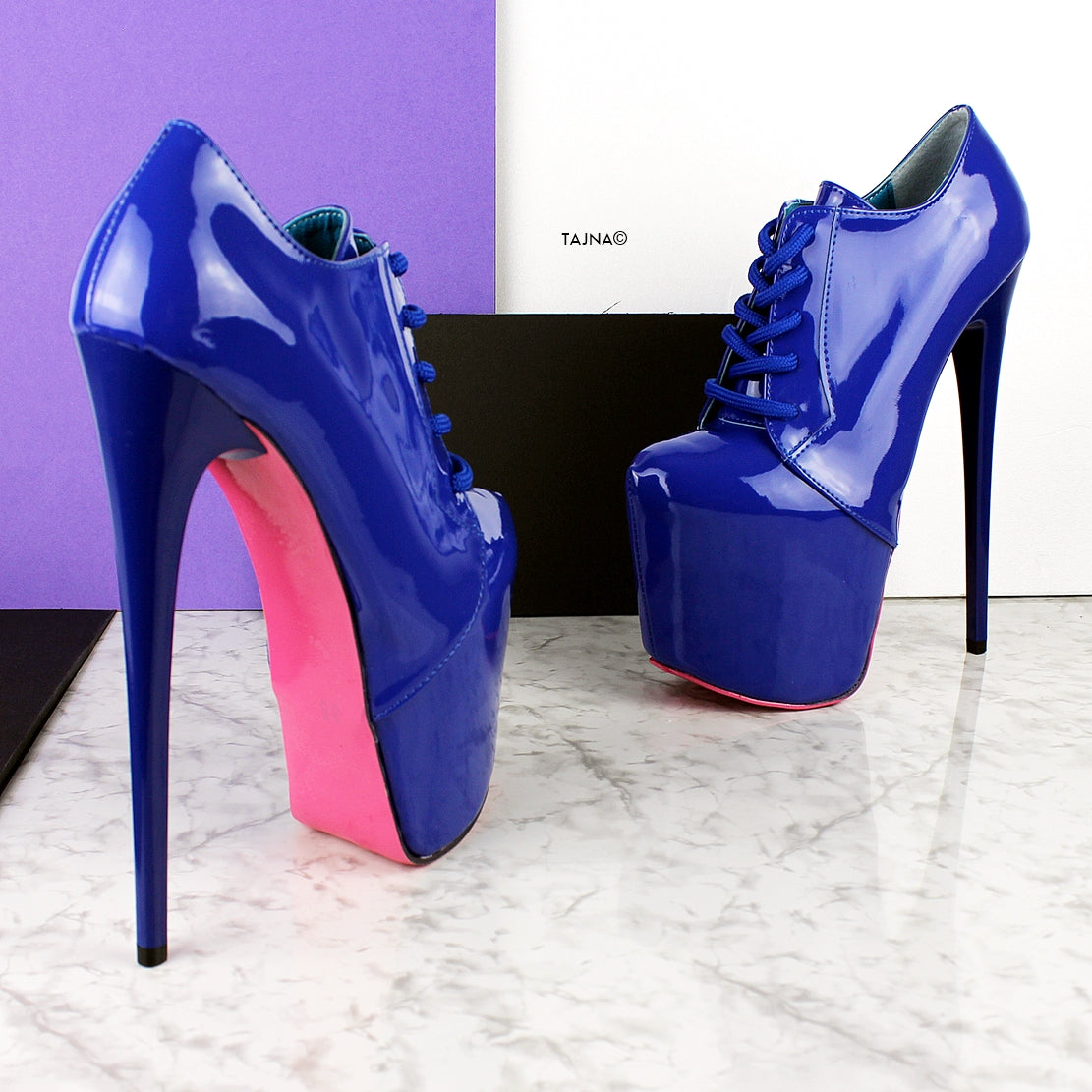 Blue Gloss Oxford Ankle High Heels - Tajna Club