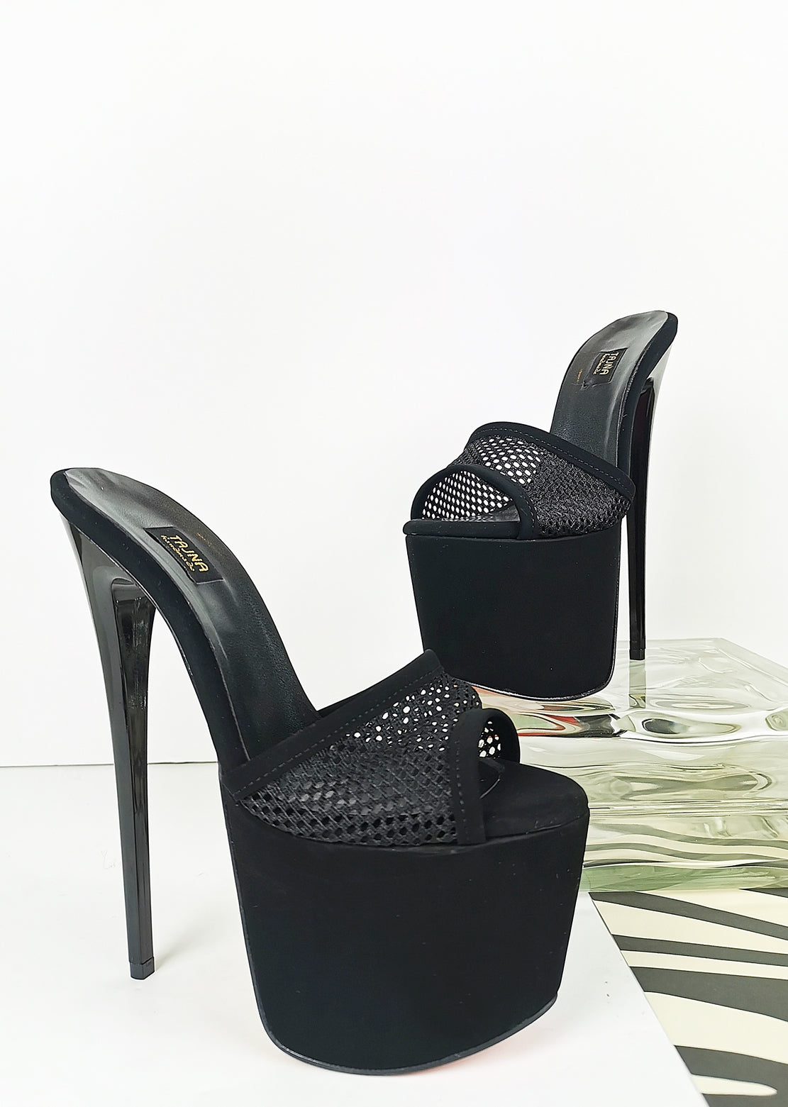 Black Suede Fishnet High Heel Mules - Tajna Club