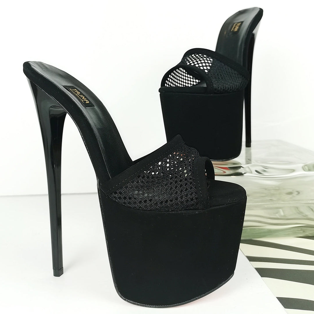 Black Suede Fishnet High Heel Mules - Tajna Club