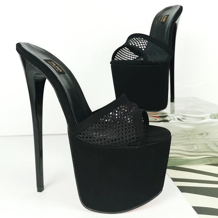 Black Suede Fishnet High Heel Mules - Tajna Club
