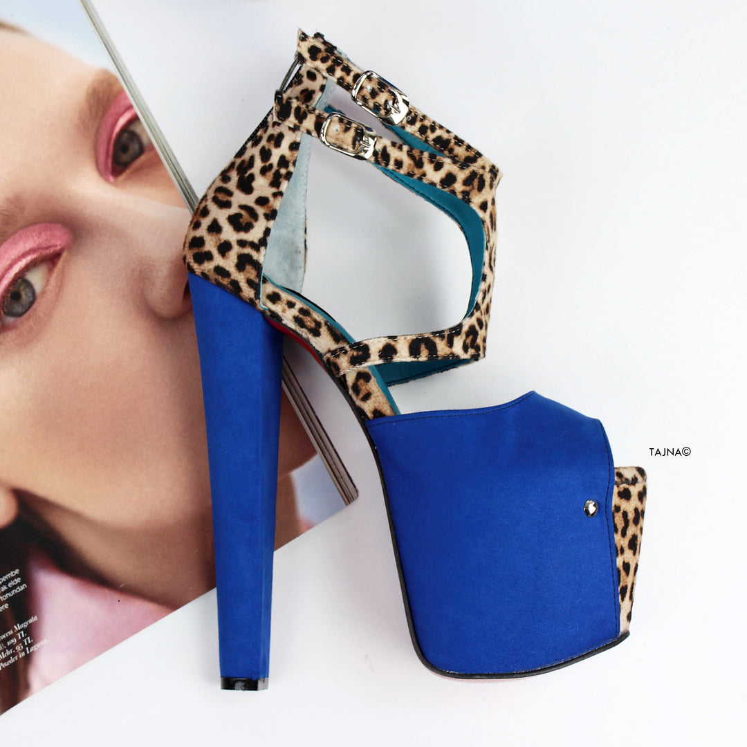 Blue Suede Leopard Platform Heels - Tajna Club