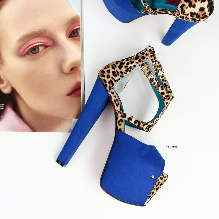 Blue Suede Leopard Platform Heels - Tajna Club