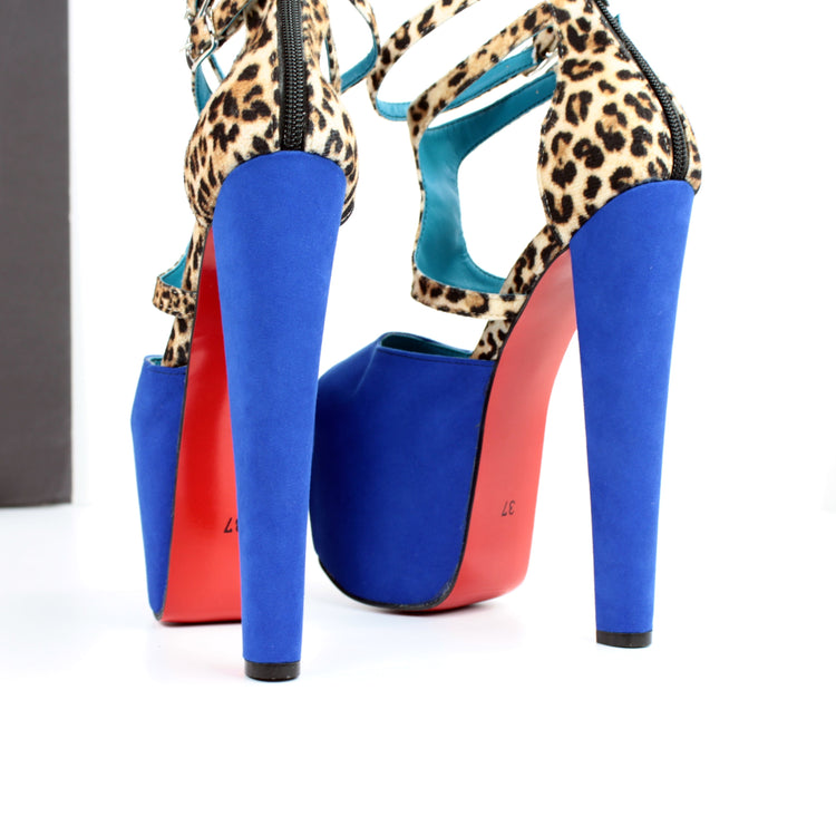 Blue Suede Leopard Platform Heels - Tajna Club