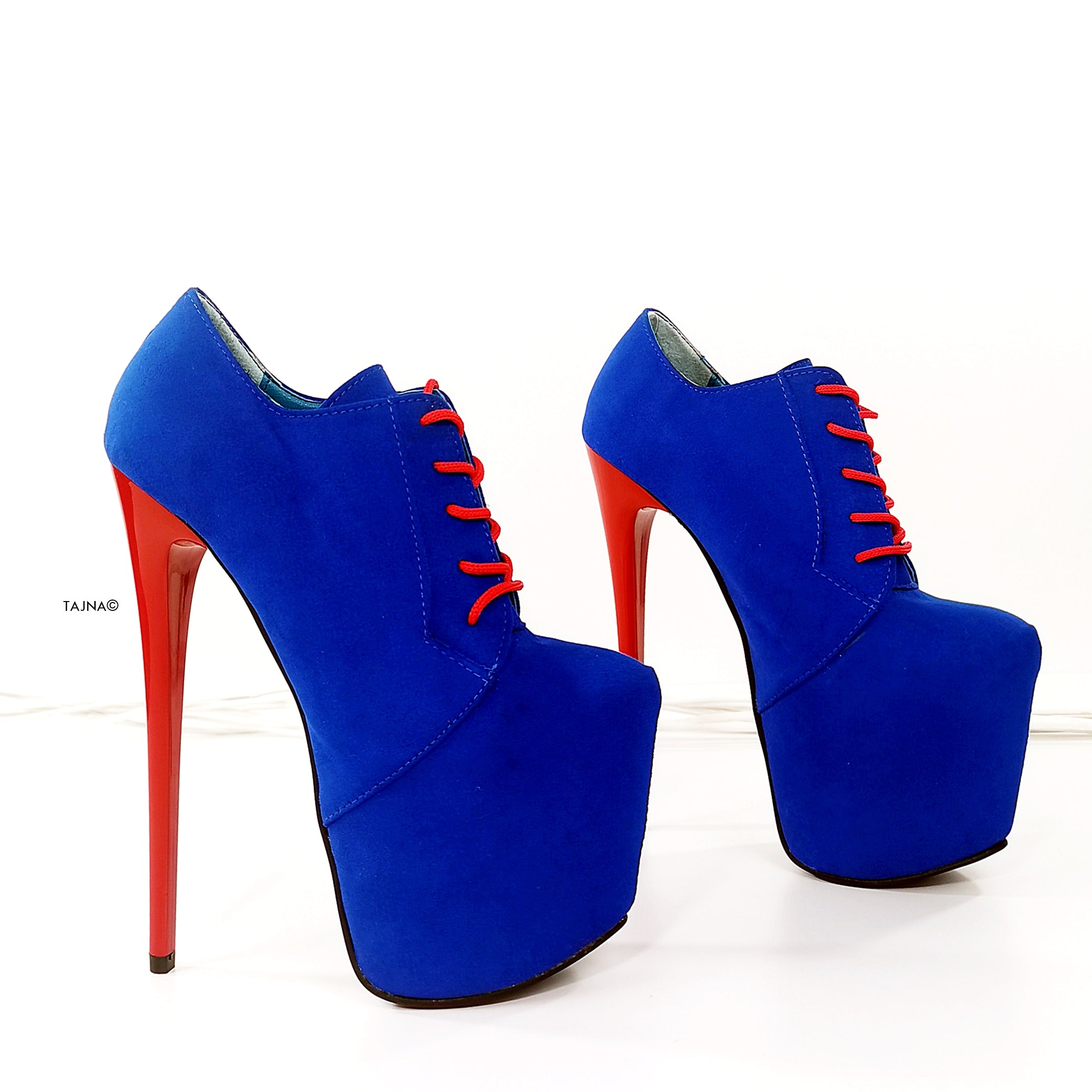 Blue Red Suede Oxford Ankle High Heels - Tajna Club