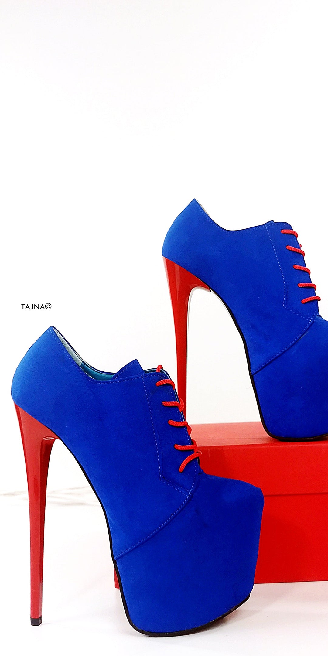 Blue Red Suede Oxford Ankle High Heels - Tajna Club